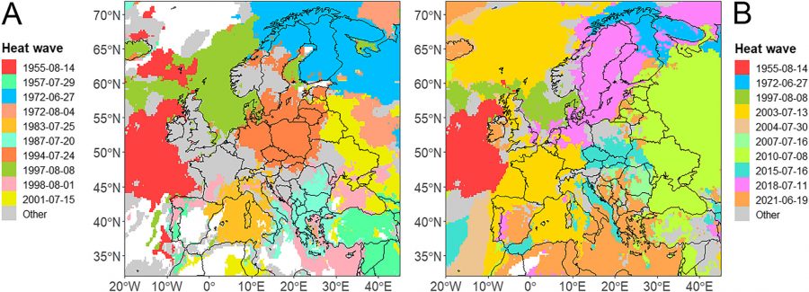 Vlny horúčav v rokoch (a) 1950 – 2001 a (b) 1950 – 2021. Biela farba nepredstavuje žiadnu vlnu horúčav v danom období. Top 10 vĺn horúčav (podľa oblasti) je zobrazených na oboch mapách. Zdroj: AV ČR