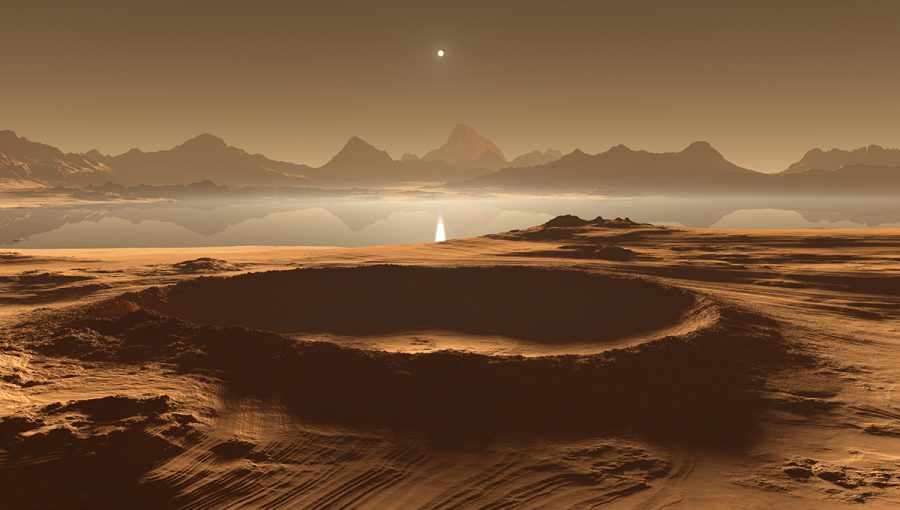 Titan, najväčší mesiac Saturna, má hustú atmosféru a rieky, jazerá a moria z kvapalných uhľovodíkov. 3D ilustrácia. Ilustračný obrázok. Zdroj: iStockphoto.com