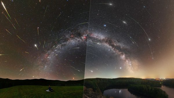 Na obrázku je porovnanie Parku tmavej oblohy Poloniny (vľavo) a Sečskej priehrady (vpravo). Poloniny ležia stovky kilometrov od veľkých miest, zatiaľ čo Seč iba desiatky. Foto: Tomáš Slovinský (vľavo) a Peter Horálek (vpravo).