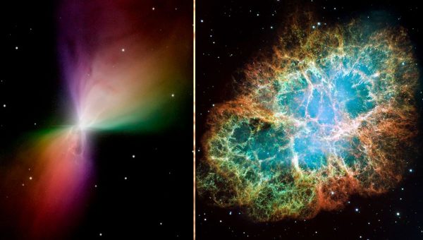 Dva protiklady: hmlovina Bumerang a jadro supernovy. Zdroj: Wikimedia Commons