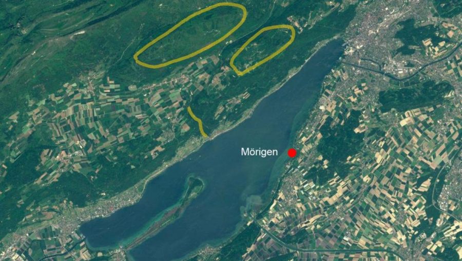 mapa z vyznačením náleziska v Mörigen, odkiaľ pochádza šíp, sa nachádza len niekoľko kilometrov južne od náleziska twannbergských meteoritov