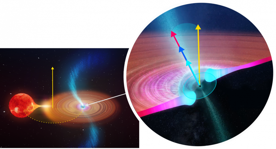 Výskum Zuzany Turoňovej je zameraný na rozdiel smerov orientácie osi rotácie čiernej diery (tmavo modrá šípka) a rotačnej osi binárneho systému (žltá šípka), ktorého jednou zložkou je čierna diera a druhou menej hmotná hviezda. Zdroj: SU v Opave