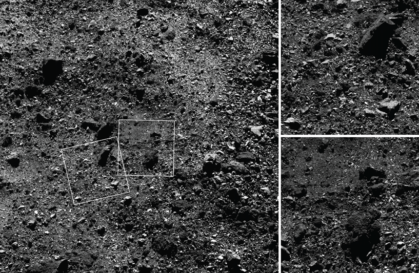 (11) Trojica snímok získaných kozmickou sondou OSIRIS-REx ukazuje pohľad na časť povrchu Bennu a 2 detaily. Širokouhlý obraz (vľavo) zobrazuje terén so stranou dlhou 180 metrov, rámčeky detailných výrezov majú stranu dlhú 31 metrov. Balvan na hornom detaile je približne rovnako veľký ako veľryba. Obrázky zo vzdialenosti 1,8 km od povrchu získala sonda 25. februára 2019.