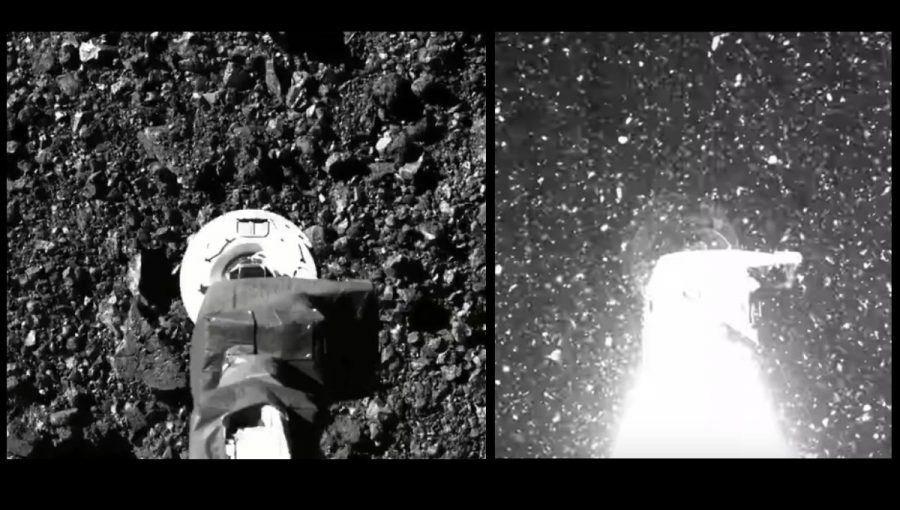 (7) Povrch asteroidu Bennu s odberným ramenom tesne pred dotykom (vľavo) a počas zberu vzoriek po výbuchu stlačeného dusíka (vpravo).