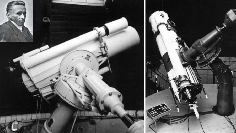 Zakladateľ a prvý riaditeľ observatória na Skalnatom Plese Antonín Bečvář (vľavo hore) a prístroje, ktoré tam používali: 30-centimetrový astrograf (v strede) a pôvodný 60-centimetrový reflektor vo veľkej kupole (napravo). Zdroj: archív JS