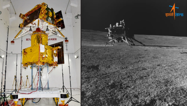Vľavo: Príprava sondy Čandraján – 3 pred štartom 14. júla 2023. Zdroj: ISRO Vpravo: Ikonický záber na lander Vikrám, ktorý zhotovilo lunárne vozítko Pragján 30. augusta 2023. Zdroj: ISRO