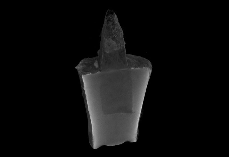 Tomografický náhľad: rez tomografickým modelom razidla s jasne viditeľným zapustením oceľového tŕňa. 