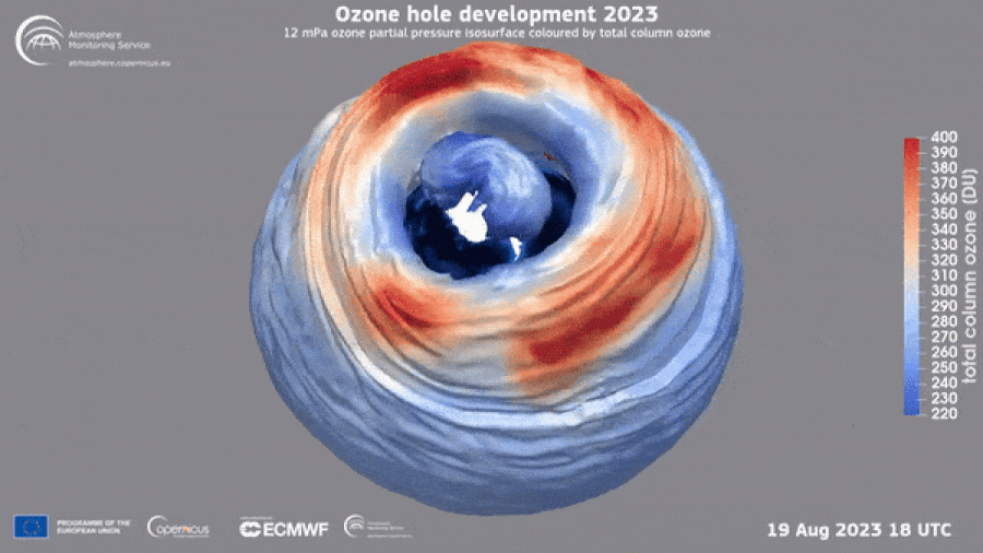 Simulácia ozónovej diery nad Antarktídou, založená na dátach zhromaždených družicou Copernicus Sentinel-5P Európskej vesmírnej agentúry. | zdroj: ESA/Copernicus Sentinel