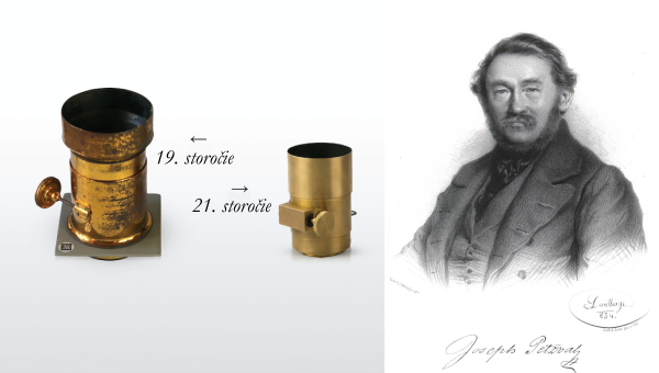 Vľavo: Petzvalov objektív. Zdroj: Kickstarter. Vpravo: Maximilián Petzval. Zdroj: Wikimedia