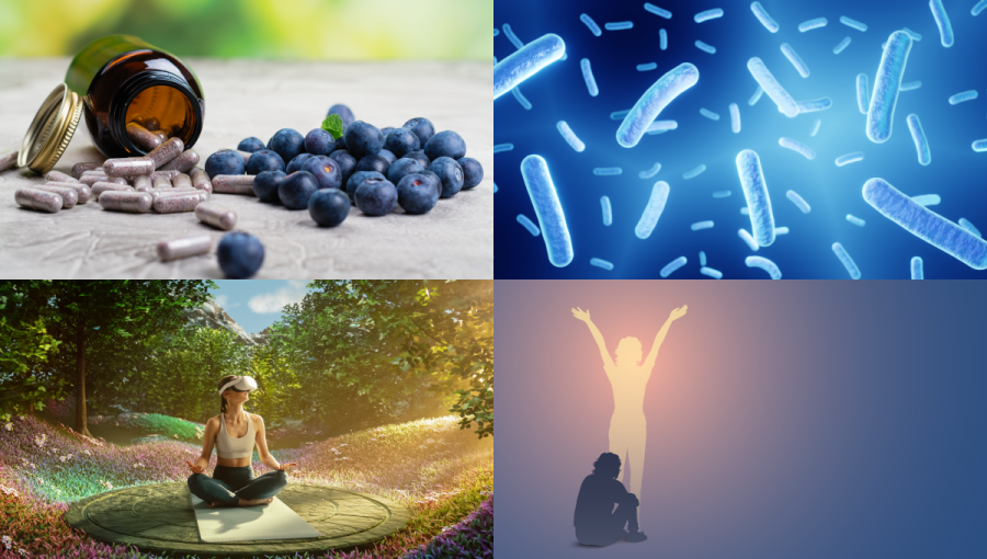 Koláž: Vitamínové doplnky, mikrobióm, yoga a virtuálna realita, depresia a radosť. Zdroj: iStockphoto.com