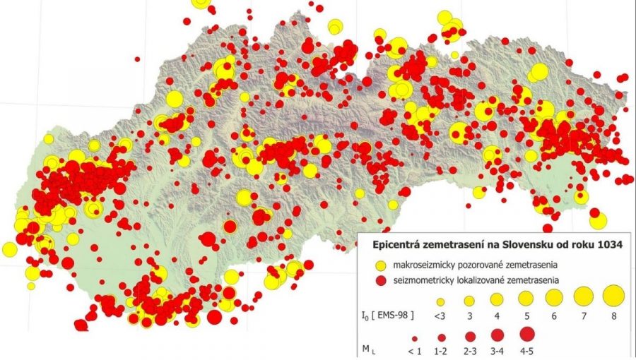 Mapa epicentier zemetrasení na Slovensku. Zdroj: Ústav vied o Zemi SAV