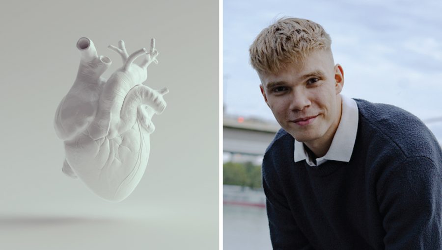 Vľavo: 3D model srdca. Zdroj: iStockphoto.com. Vpravo: študent Tomáš Krištof.