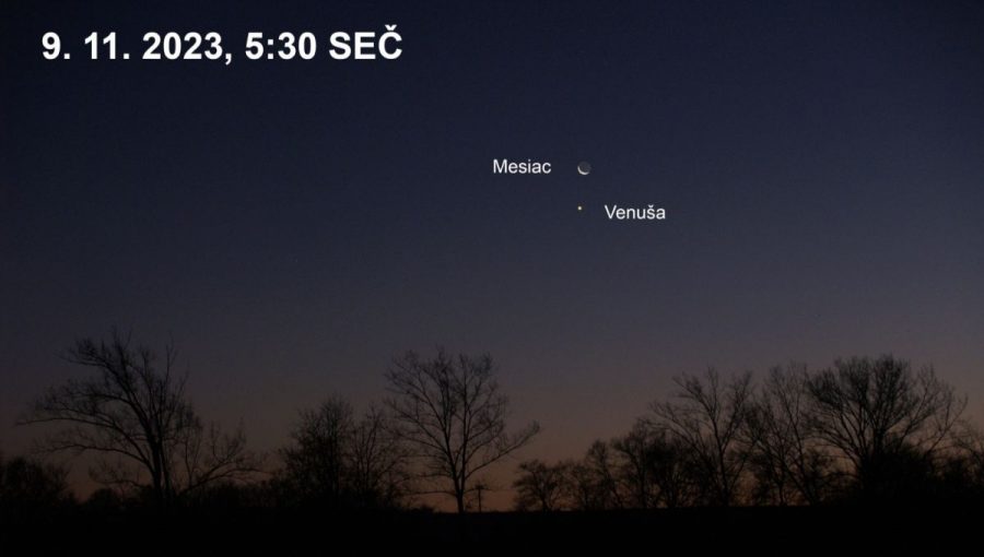 Takto uvidíme Mesiac a Venušu ráno, ešte pred zákrytom. Zdroj: SZA