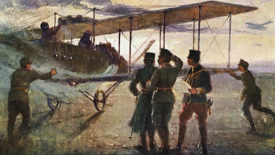 Rakúsko-uhorská pohľadnica s leteckou tematikou z čias prvej svetovej vojny. Zdroj: Archív Juraja Červienku