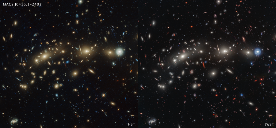 Porovnanie kopy galaxií MACS0416 vedľa seba, ako ju vidí Hubbleov vesmírny teleskop v optickom svetle (vľavo) a vesmírny teleskop Jamesa Webba v infračervenom svetle (vpravo), odhaľuje rôzne detaily. Zdroj: NASA