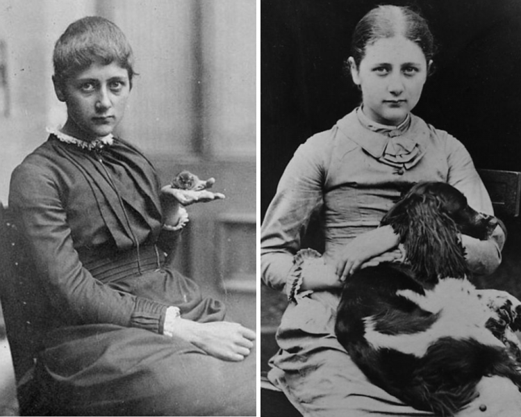 Beatrix Potterová milovala zvieratá. Na fotografii s myškou Xarifou a psom Spotom.