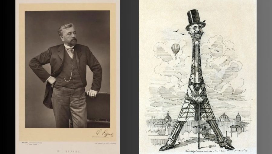 Obr. 2 Eiffelov portrét (vľavo) a dobová karikatúra Eiffelovej veže aj s jej konštruktérom (vpravo). Zdroje: National Portrait Gallery, United States Library of Congress