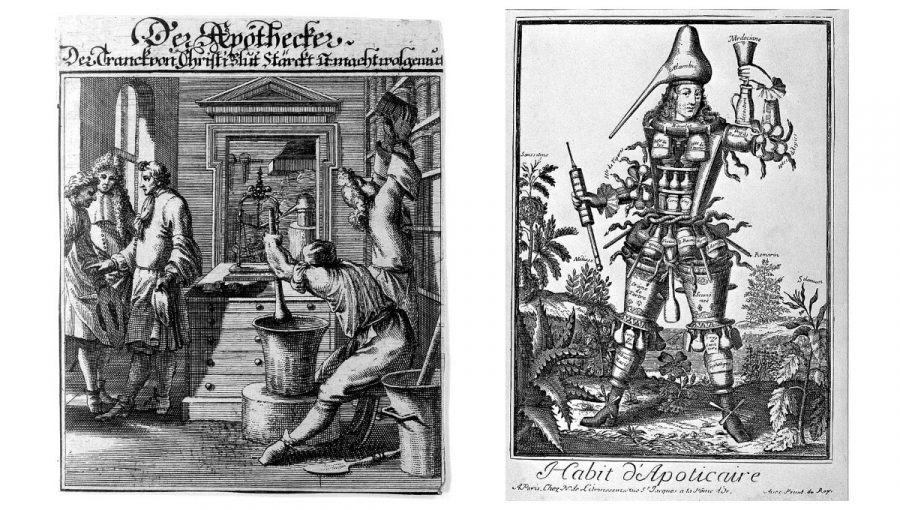 Stredovekí lekárnici. Rytina C. Luykena, 1695 (vľavo) a postava s produktmi z lekárenského obchodu. Rytina N. de Larmessin II, 1695 (vpravo).