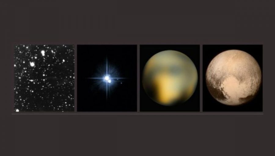 Vývoj nášho pohľadu na Pluto v čase. Prvá vľavo je objavová fotografia z roku 1930, ďalší záber je z Hubblovho vesmírneho ďalekohľadu (HST) pri prvom rozlíšení Pluta a mesiaca Cháron. Na treťom obrázku je najlepší záber HST a posledný obrázok je zo sondy New Horizons. Zdroj: NASA / Johns Hopkins University Applied Physics Laboratory / Southwest Research Institute