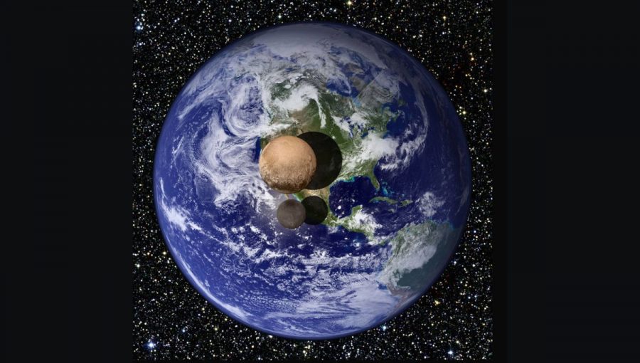 Porovnanie veľkosti Zeme, Pluta a Chárona. Zdroj: NASA / Johns Hopkins University Applied Physics Laboratory / Southwest Research Institute