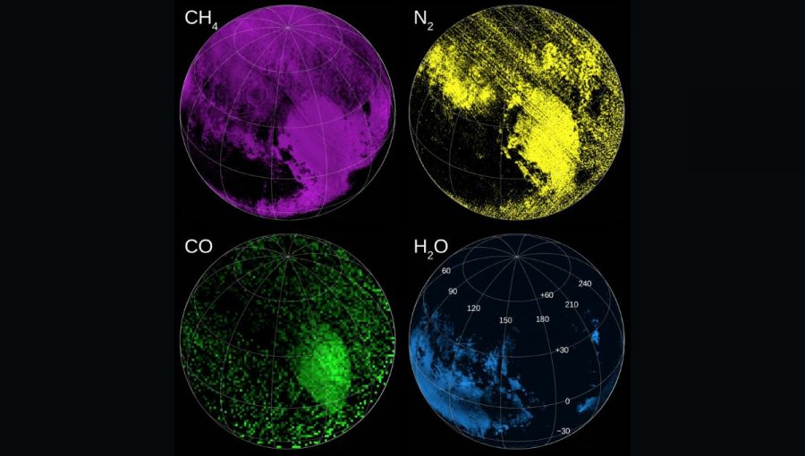 Distribúcia jednotlivých ľadov na povrchu Pluta. Zdroj: NASA / Johns Hopkins University Applied Physics Laboratory / Southwest Research Institute