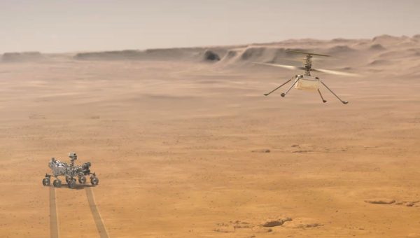 Vozidlo Perseverance a vrtuľník Ingenuity na Marse, vyobrazenie z roku 2020. Zdroj: NASA/JPL-Caltech/PA