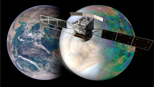 Umelecká vizualizácia sondy nad Zemou a Venušou.