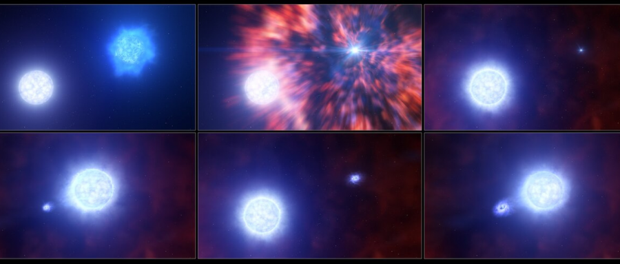 Vizualizácia znázorňuje proces, pri ktorom sa masívna hviezda v binárnom systéme stáva supernovou. 