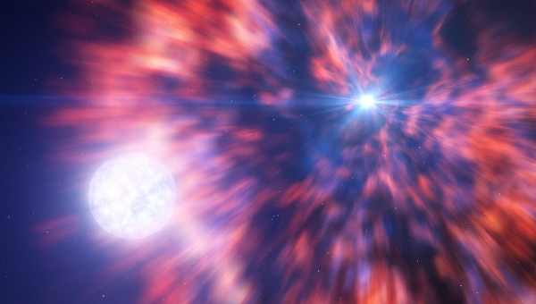 Umelecká vizualizácia založená pozorovaniach výbuchu supernovy tímami astronómov pomocou ďalekohľadov ESO Very Large Telescope (VLT) a ESO New Technology Telescope (NTT).