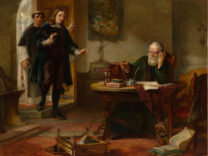 Umelecké stvárnenie Galilea Galileiho v domácom väzení od Solomona Alexandra Harta z roku 1847.
