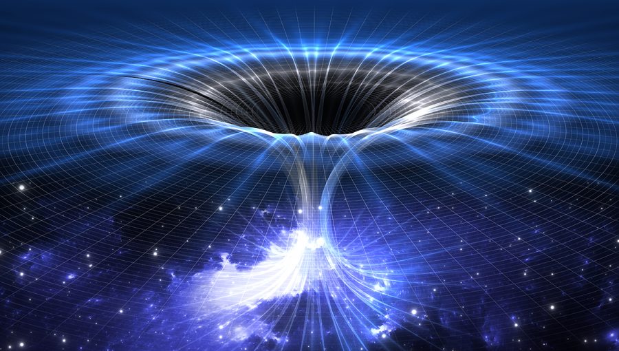 Grafické znázornenie čiernej diery, ktorá prechádza do bielej diery. Zdroj: iStockphoto.com