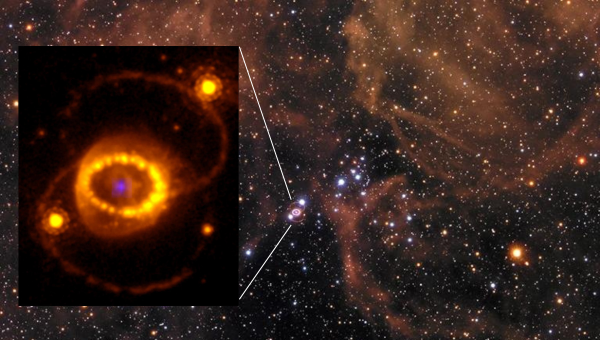 Tento obrázok supernovy 1987A bol vytvorený spojením fotografie z Hubbleovho vesmírneho teleskopu s údajmi z jedného z prístrojov JWST, ktoré v jej jadre detegovali neutrónovú hviezdu (modrá farba). Zdroj: J. Larsson