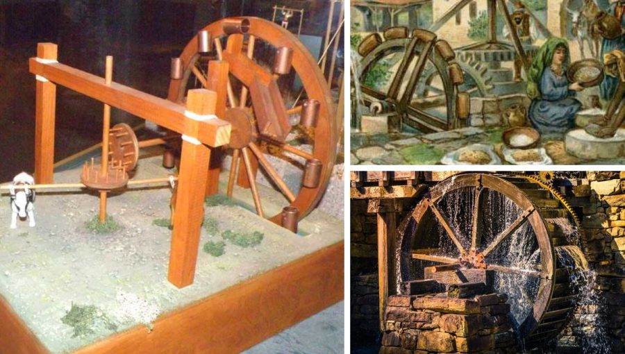 Hydraulické koleso pechora (vľavo) a vodné mlyny pochádzajú zo starého Grécka. Zdroje: historyofinformation.com, ancienthistorylists.com, sciencesensei.com
