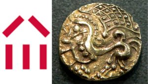 Logo Nadácie kultúrneho dedičstva (vľavo) a ilustračný obrázok keltskej mince (vpravo). Zdroj: dziedzictwo.org, Wikimedia Commons