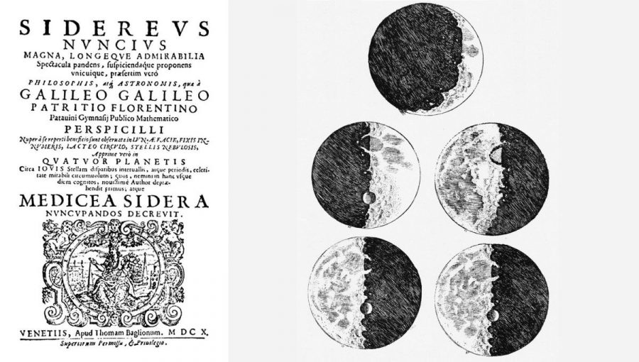 Úvodná strana diela Hviezdny posol (lat. Sidereus nuncius) z roku 1610 (vľavo) a Galileiho kresba povrchu Mesiaca z roku 1610 v diele Hviezdny posol (vpravo). 