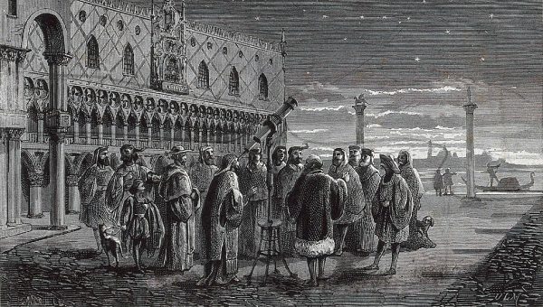 Galileo so svojím ďalekohľadom na Námestí svätého Marka v Benátkach, drevoryt. Zdroj: Wikimedia Commons
