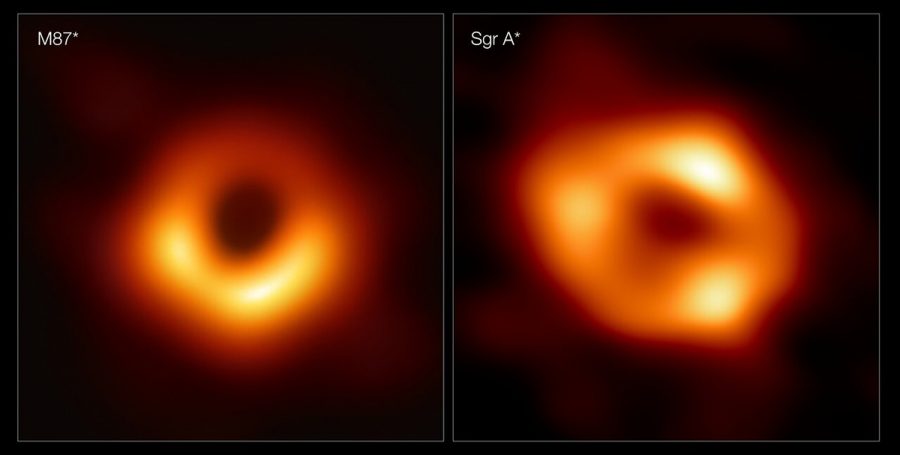 Prvé dve snímky čiernych dier. Vľavo je čierna diera v strede galaxie M87. Vpravo je čierna diera v strede našej galaxie Mliečna cesta. Zdroj: ESO