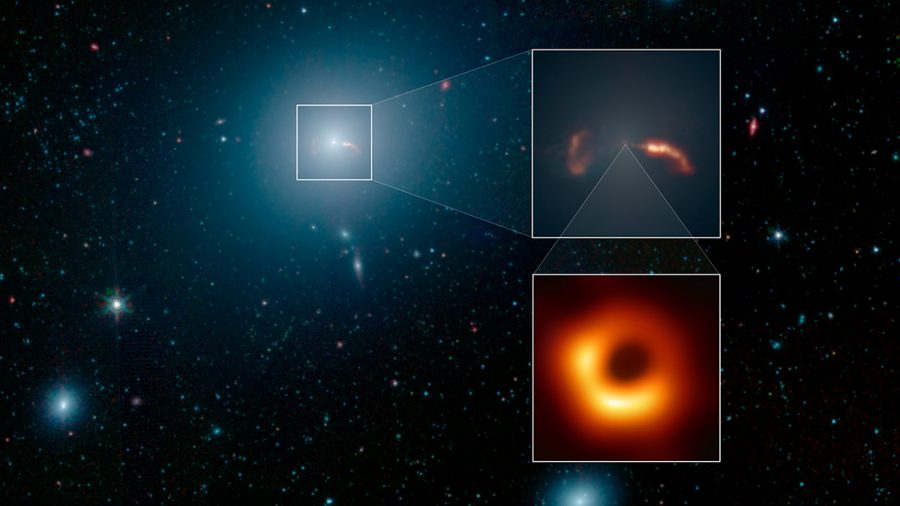 Záber na galaxiu M87. Výseky zachytávajú detail dvoch výtryskov vyžarujúcich z masívnej čiernej diery (detail hore) a siluetu čiernej diery v centre galaxie (detail dole.) Zdroj: NASA