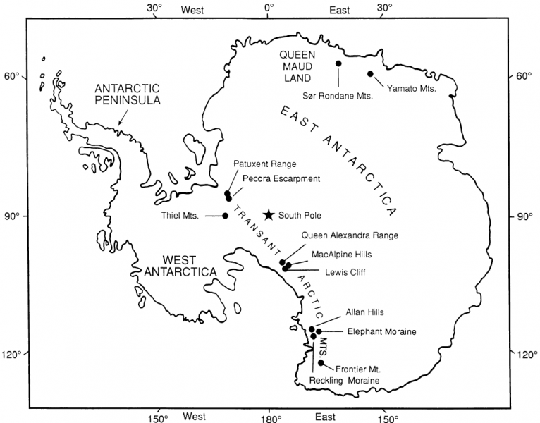 Mapa Antarktídy s vyznačenými miestami hromadných nálezov meteoritov. Zdroj: NASA