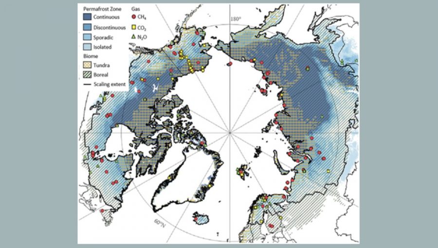 Obr. 1: Mapa Severnej pologule znázorňujúca jednotlivé zóny permarostu (kontinuálny, prerušovaný, sporadický, izolovaný), biómy (tundra, boreálny les) a meracie stanice monitorujúce metán (červené body), oxid uhličitý (žlté štvorce) a oxid dusný (celkovo až 200 meracích staníc). Zdroj: Ramage a kol., 2024
