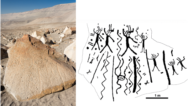 Ukážka skaly s petroglyfmi zobrazujúcimi antropomorfné postavy.