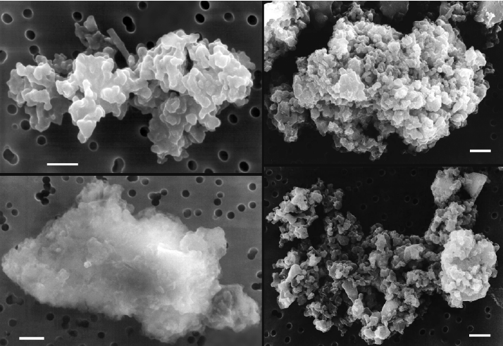 Obrázky štyroch medziplanetárnych prachových častíc zozbieraných v stratosfére, ktoré majú pravdepodobne kometárny pôvod. Biela úsečka na každom obrázku zodpovedá veľkosti 1 mikrometer. Zdroj: NASA
