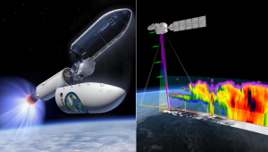 Obrázok vľavo predstavuje umelecké stvárnenie rakety Falcon 9 s družicou EarthCARE. Družica má na palube 4 unikátne prístroje (obr. vpravo).