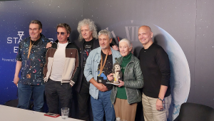 Organizátori festivalu STARMUS VII zľava: David Eicher, Jean-Michel Jarre, Brian May, Garik Israelian, Jane Goodallová, Tony Fadell.
