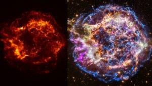 Snímka vľavo je pozostatok supernovy Cassiopeia A, ktorú observatórium Chandra zhotovilo v roku 1999. Snímka vpravo je rovnaký objekt, ktorý zariadenie zaznamenalo v roku 2019. Zdroj: NASA