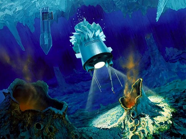 Umelecká predstava ponorného robota skúmajúceho podpovrchový oceán na Encelade.Zdroj: Wikimedia Commons 