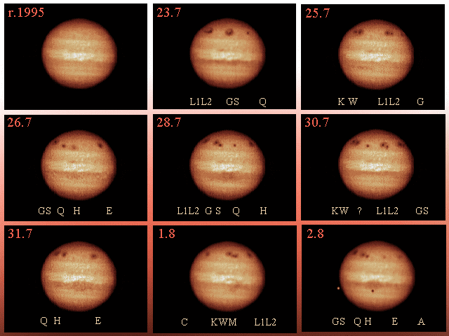 Séria pozorovaní impaktu kométy s planétou Jupiter z Astronomického observatória v Modre. V ľavom hornom rohu je nesprávne označený rok 1995, správne malo byť uvedené 1994. Zdroj: archívne foto, Juraj Tóth