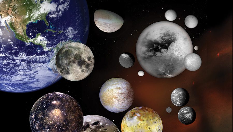 Jednotlivé prirodzené satelity planét našej slnečnej sústavy vrátane Mesiaca. Zdroj: wikipediacommons