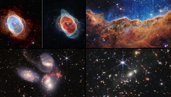 Na kombinovanej fotografii sú jedny z prvých oficiálnych vedeckých záberov JWST, ktoré NASA zverejnila v júli 2022. Vľavo hore: Osmičková hmlovina s odhalenou umierajúcou hviezdou v strede. Vpravo hore: Hviezdotvorná oblasť v hmlovine Carina vo fascinujúcich detailoch. Vľavo dole: Skupina galaxií s označením Stephanov kvintet. Interakcia niektorých z nich spúšťa hviezdotvorné procesy. Vpravo dole: Webbovo hlboké pole. Zdroj: ESA
