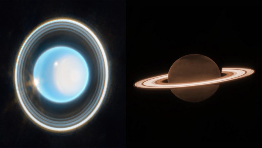 JWST sa pozrel aj do našej slnečnej sústavy. Planétu Saturn ukázal v infračervenej oblasti. Povrch planéty je kvôli vysokému obsahu metánu tmavý, kým ľadové prstence žiarivo svetlé. Snímka planéty Urán zachytáva nevšedné prstence a jasné štruktúry v jeho atmosfére. Zdroj: NASA